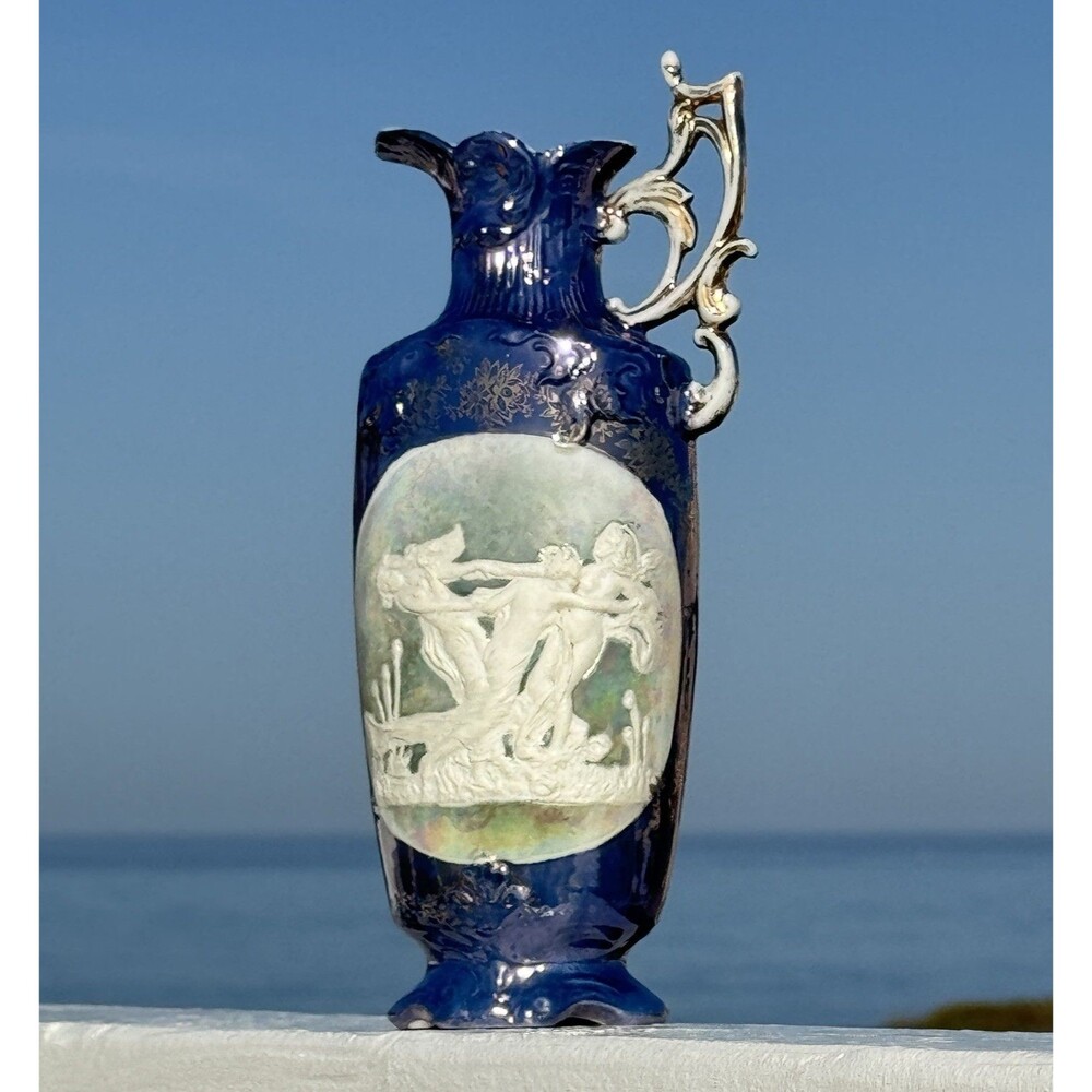 Antique Art Nouveau Cobalt Blue Lustre Pitcher Vase Maiden Relief Gold Handle